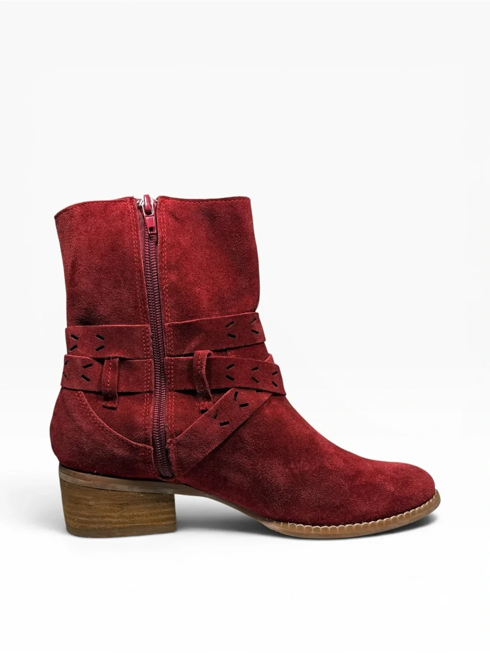 Naughty Monkey red leather suede fringed side zip boots block heel 9